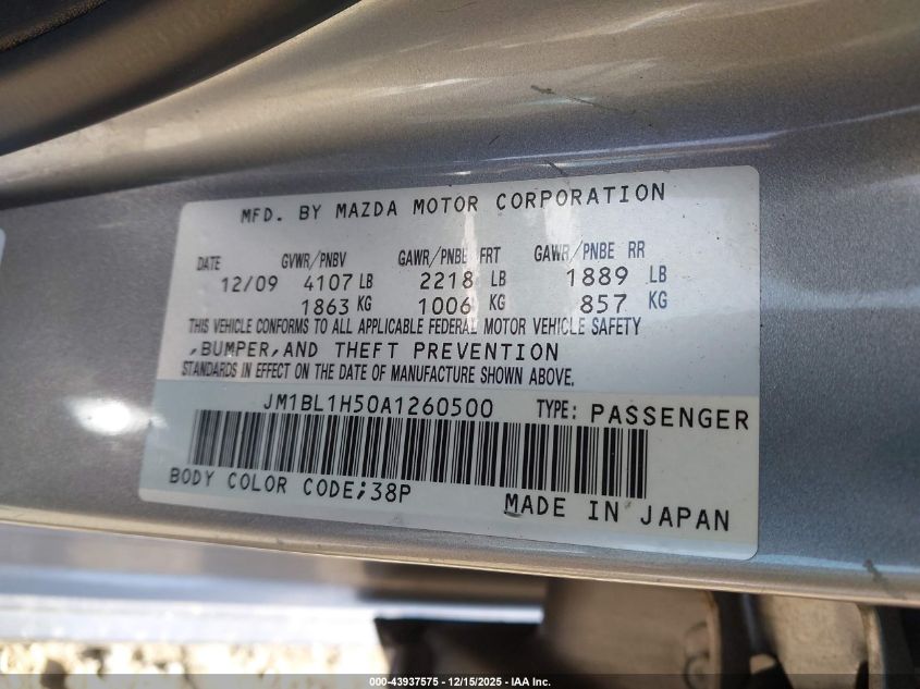 2010 Mazda Mazda3 S Grand Touring VIN: JM1BL1H50A1260500 Lot: 43937575