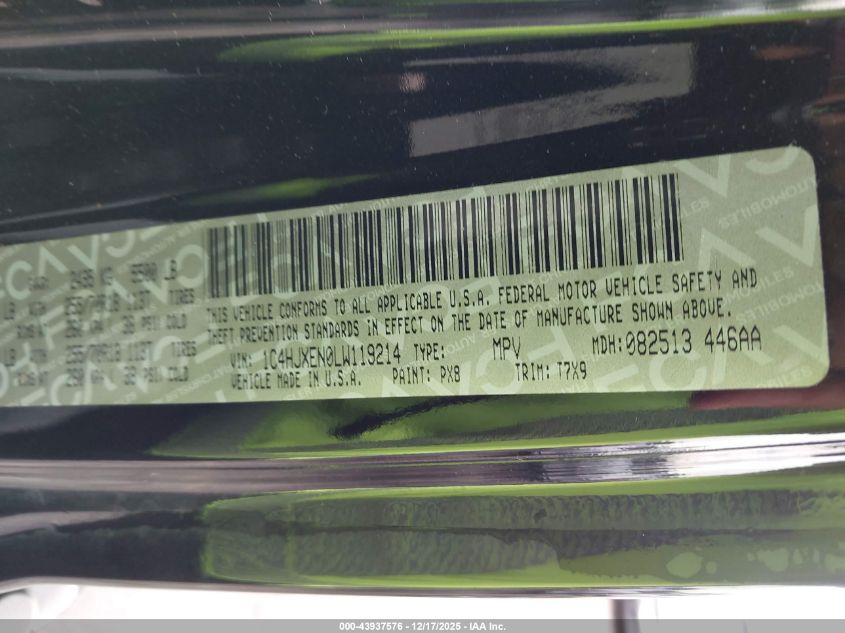 2020 Jeep Wrangler Unlimited Sahara 4X4 VIN: 1C4HJXEN0LW119214 Lot: 43937576