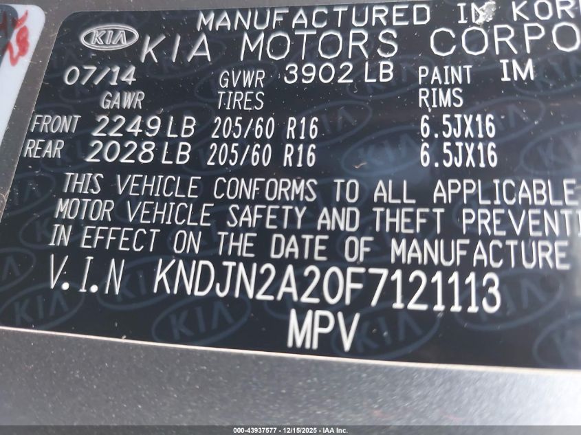 2015 Kia Soul VIN: KNDJN2A20F7121113 Lot: 43937577