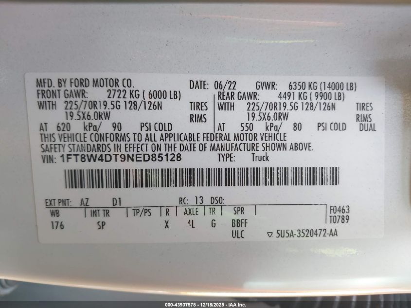 2022 Ford F-450 King Ranch VIN: 1FT8W4DT9NED85128 Lot: 43937578