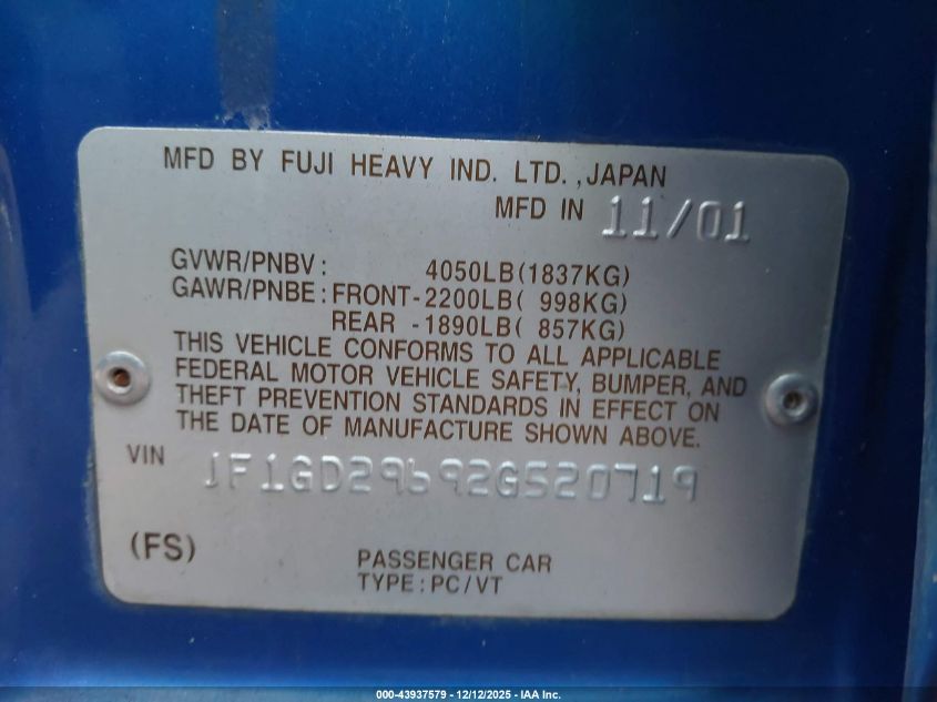 2002 Subaru Impreza Wrx VIN: JF1GD29692G520719 Lot: 43937579