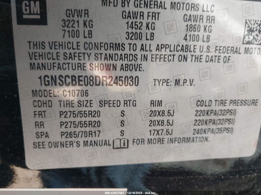 2013 Chevrolet Tahoe Lt VIN: 1GNSCBE08DR245030 Lot: 43937587