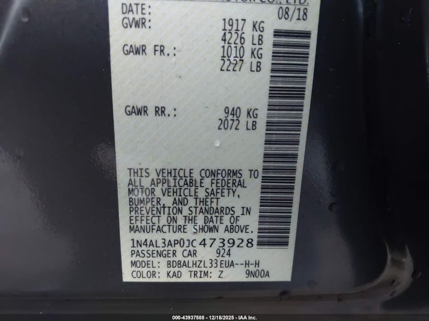 2018 Nissan Altima 2.5 Sr VIN: 1N4AL3AP0JC473928 Lot: 43937588