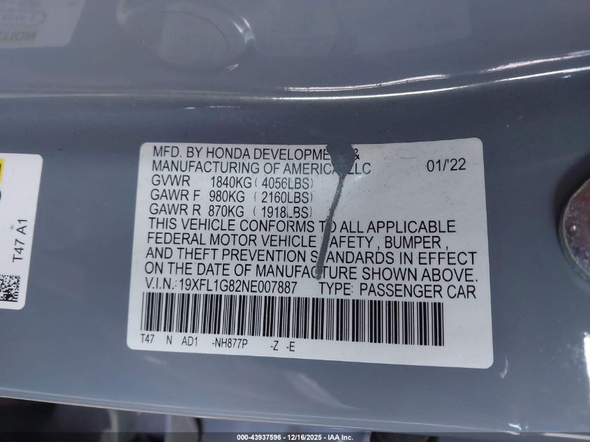 2022 Honda Civic Sport Touring VIN: 19XFL1G82NE007887 Lot: 43937596