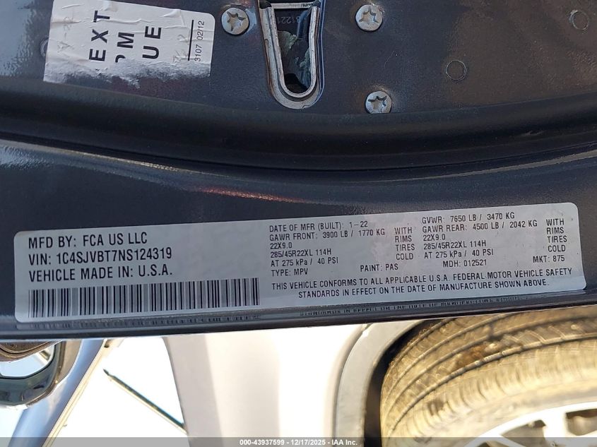 2022 Jeep Wagoneer Series Ii 4X4 VIN: 1C4SJVBT7NS124319 Lot: 43937599