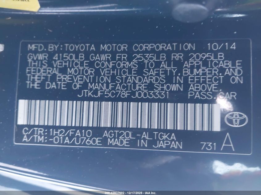 2015 Scion Tc VIN: JTKJF5C78FJ003331 Lot: 43937602