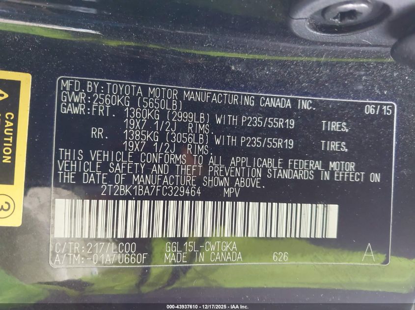 2015 Lexus Rx 350 VIN: 2T2BK1BA7FC329464 Lot: 43937610