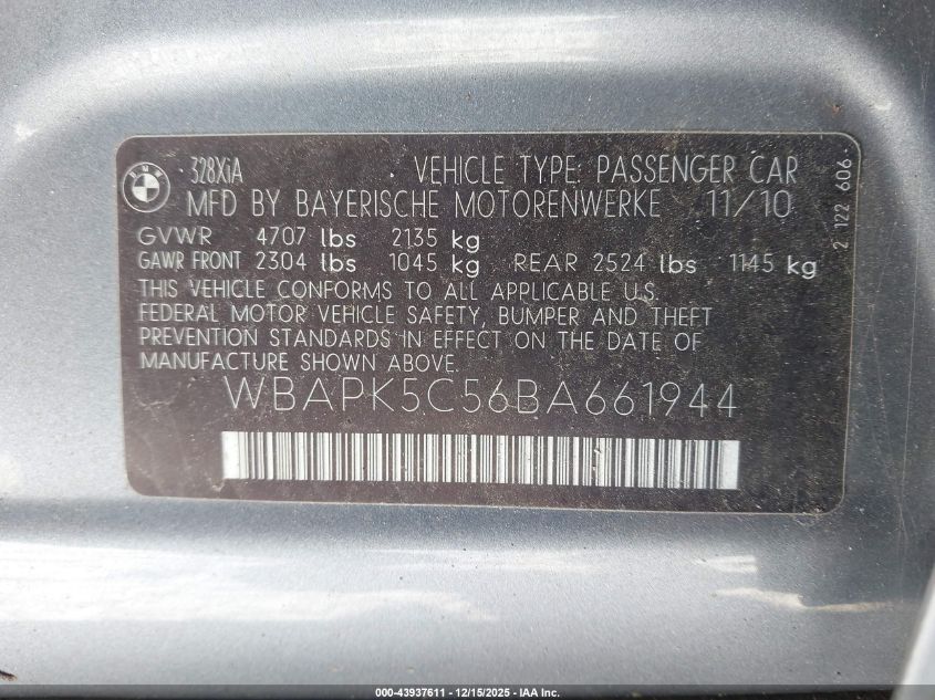 2011 BMW 328I xDrive VIN: WBAPK5C56BA661944 Lot: 43937611