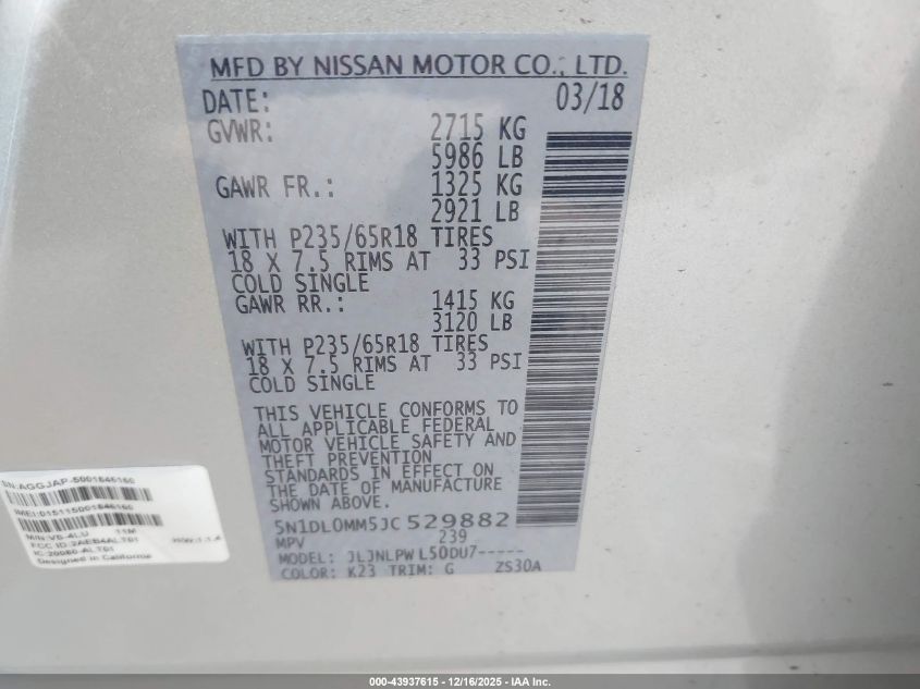 2018 Infiniti Qx60 VIN: 5N1DL0MM5JC529882 Lot: 43937615