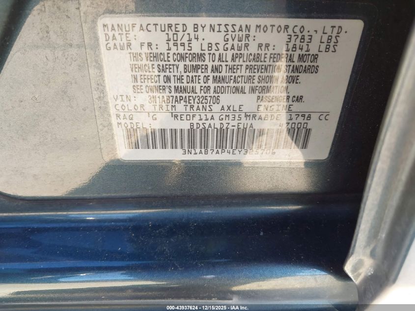 2014 Nissan Sentra Sv VIN: 3N1AB7AP4EY325706 Lot: 43937624