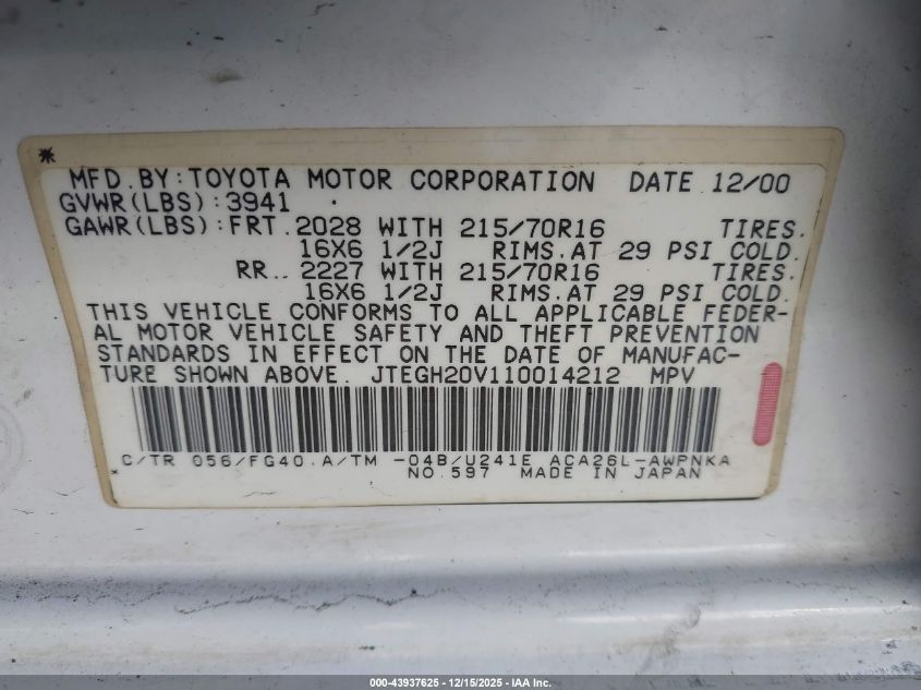 2001 Toyota Rav4 VIN: JTEGH20V110014212 Lot: 43937625