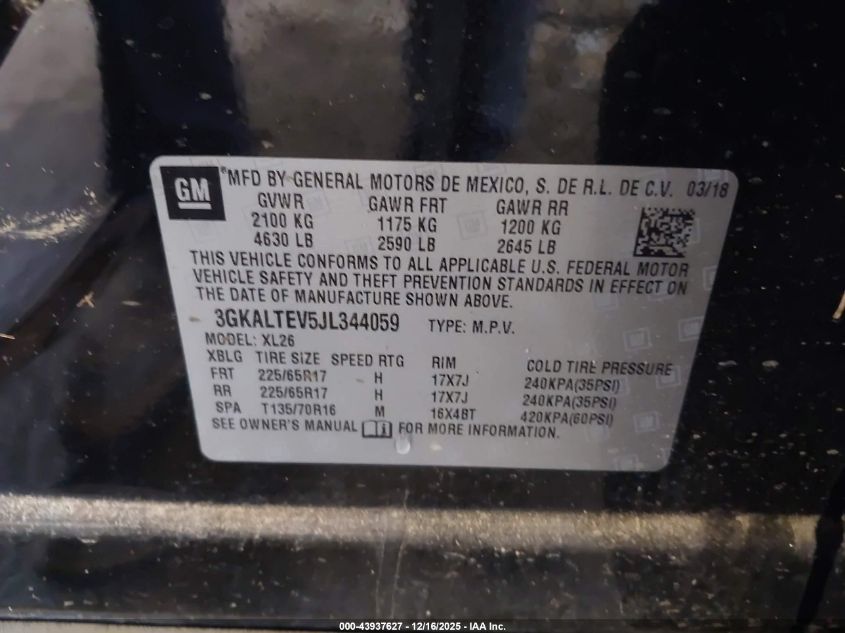 2018 GMC Terrain Sle VIN: 3GKALTEV5JL344059 Lot: 43937627
