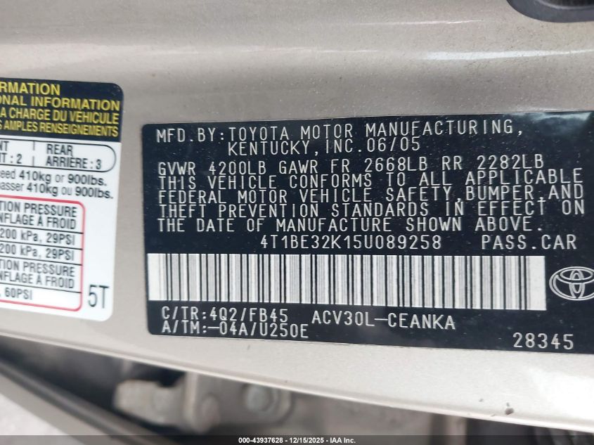2005 Toyota Camry Std VIN: 4T1BE32K15U089258 Lot: 43937628