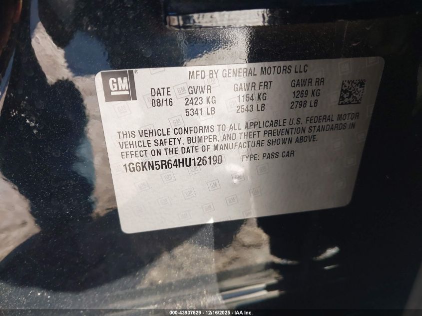 2017 Cadillac Ct6 Platinum VIN: 1G6KN5R64HU126190 Lot: 43937629