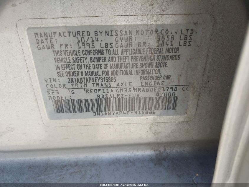 2014 Nissan Sentra Sr VIN: 3N1AB7AP4EY315886 Lot: 43937630