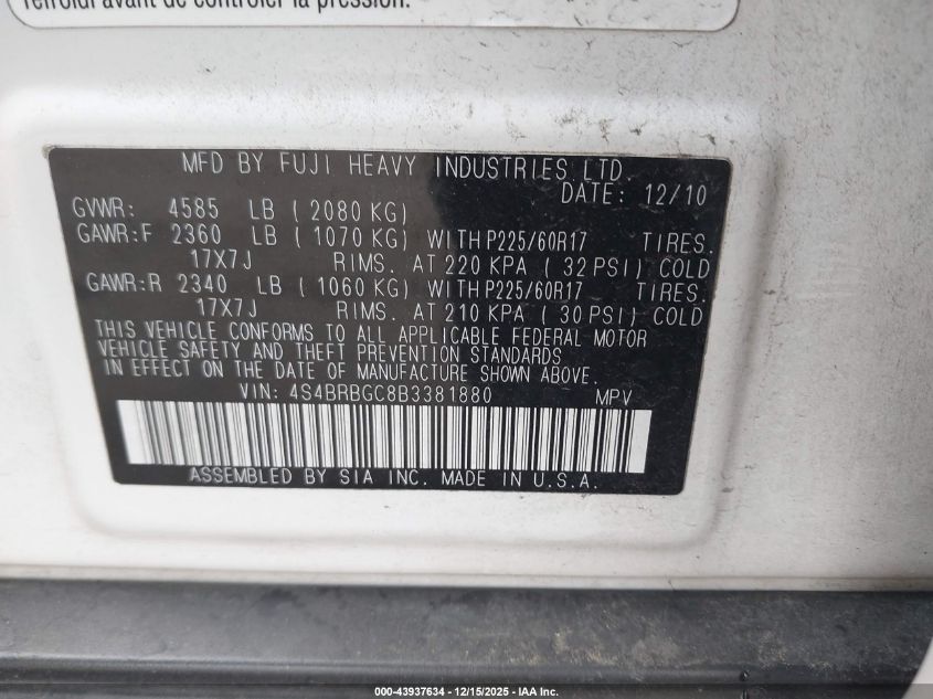 2011 Subaru Outback 2.5I Premium VIN: 4S4BRBGC8B3381880 Lot: 43937634