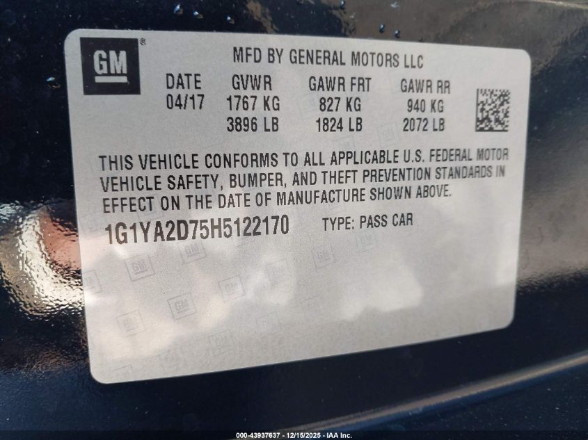 2017 Chevrolet Corvette Stingray VIN: 1G1YA2D75H5122170 Lot: 43937637