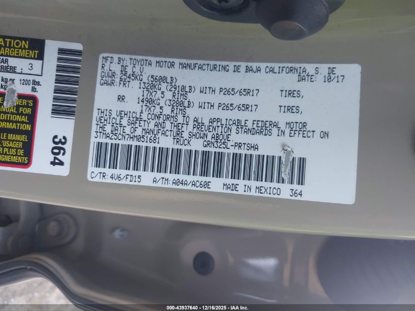 2017 Toyota Tacoma Trd Sport VIN: 3TMAZ5CN7HM051681 Lot: 43937640