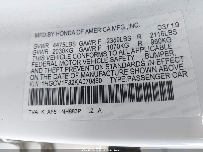2019 Honda Accord Sport VIN: 1HGCV1F32KA070460 Lot: 43937641