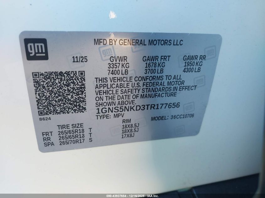 2026 Chevrolet Tahoe Lt VIN: 1GNS5NKD3TR177656 Lot: 43937654
