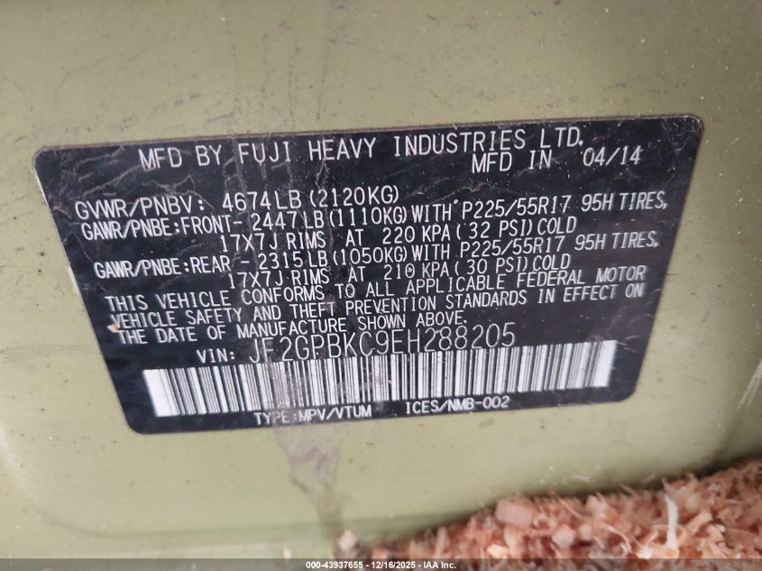 2014 Subaru Xv Crosstrek Hybrid 2.0I Touring VIN: JF2GPBKC9EH288205 Lot: 43937655