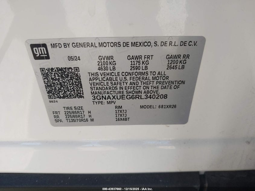 2024 Chevrolet Equinox Awd Lt VIN: 3GNAXUEG6RL340208 Lot: 43937660