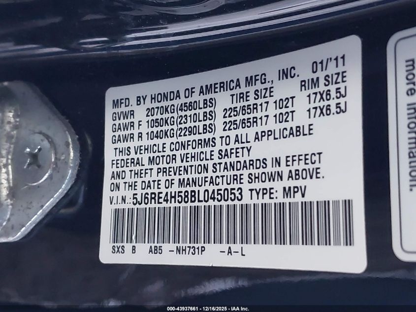 2011 Honda Cr-V Ex VIN: 5J6RE4H58BL045053 Lot: 43937661