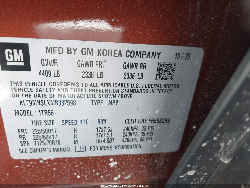 2021 Chevrolet Trailblazer Awd Ls VIN: KL79MNSLXMB082598 Lot: 43937663