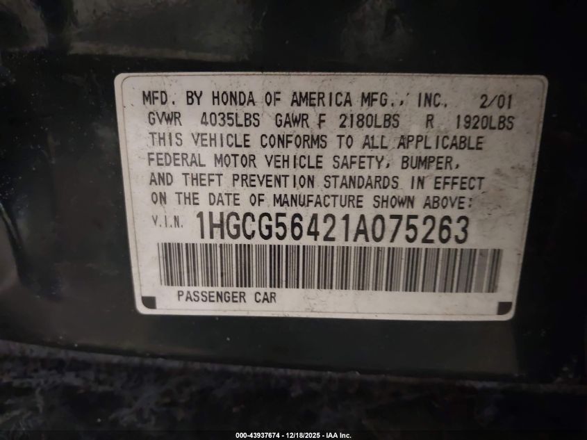 2001 Honda Accord 2.3 Lx VIN: 1HGCG56421A075263 Lot: 43937674