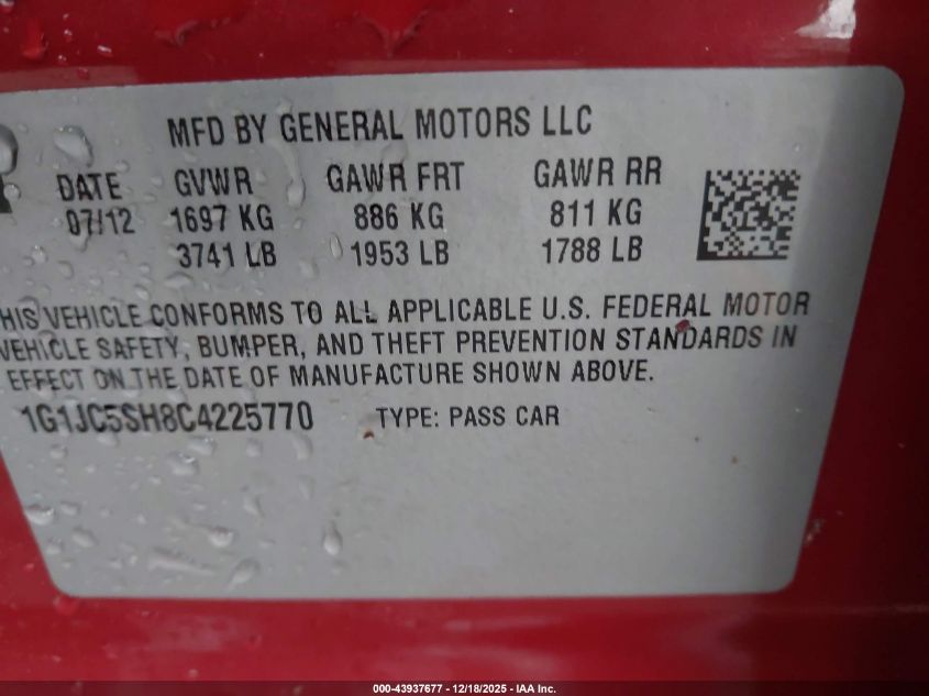 2012 Chevrolet Sonic 2Lt VIN: 1G1JC5SH8C4225770 Lot: 43937677