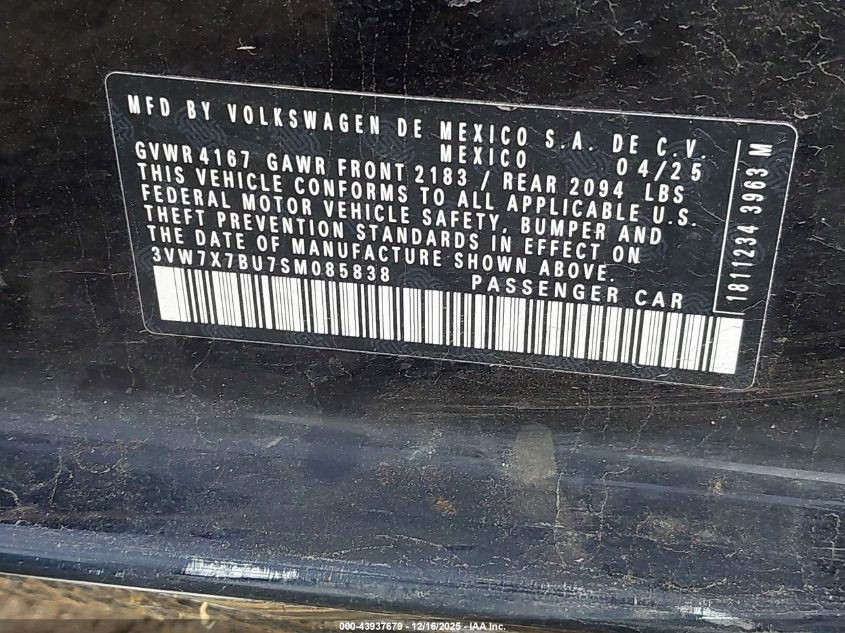 2025 Volkswagen Jetta 1.5T Se VIN: 3VW7X7BU7SM085838 Lot: 43937679