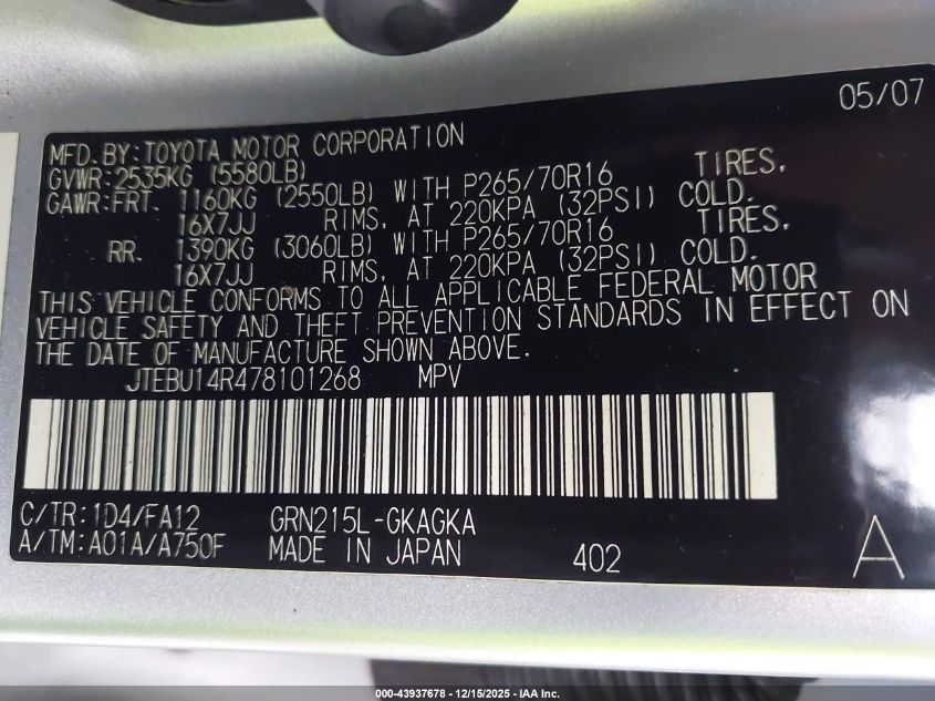 2007 Toyota 4Runner Sr5 V6 VIN: JTEBU14R478101268 Lot: 43937678