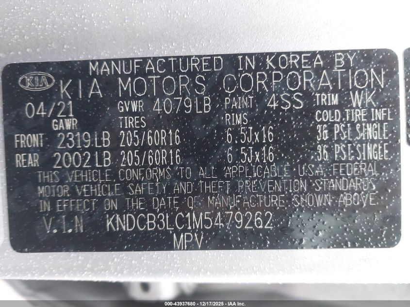 2021 Kia Niro Lx VIN: KNDCB3LC1M5479262 Lot: 43937680