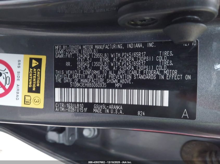 2011 Toyota Highlander Se V6 VIN: 5TDBK3EH8BS060935 Lot: 43937682