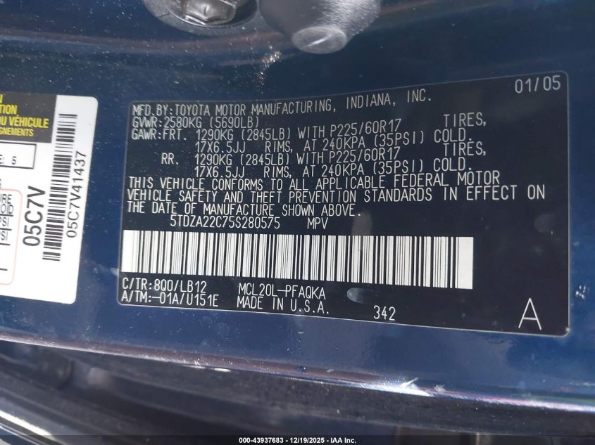 2005 Toyota Sienna Xle Limited VIN: 5TDZA22C75S280575 Lot: 43937683