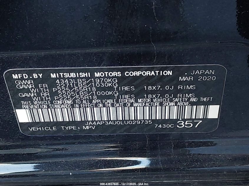 2020 Mitsubishi Outlander Sport 2.0 Es VIN: JA4AP3AU0LU029735 Lot: 43937685
