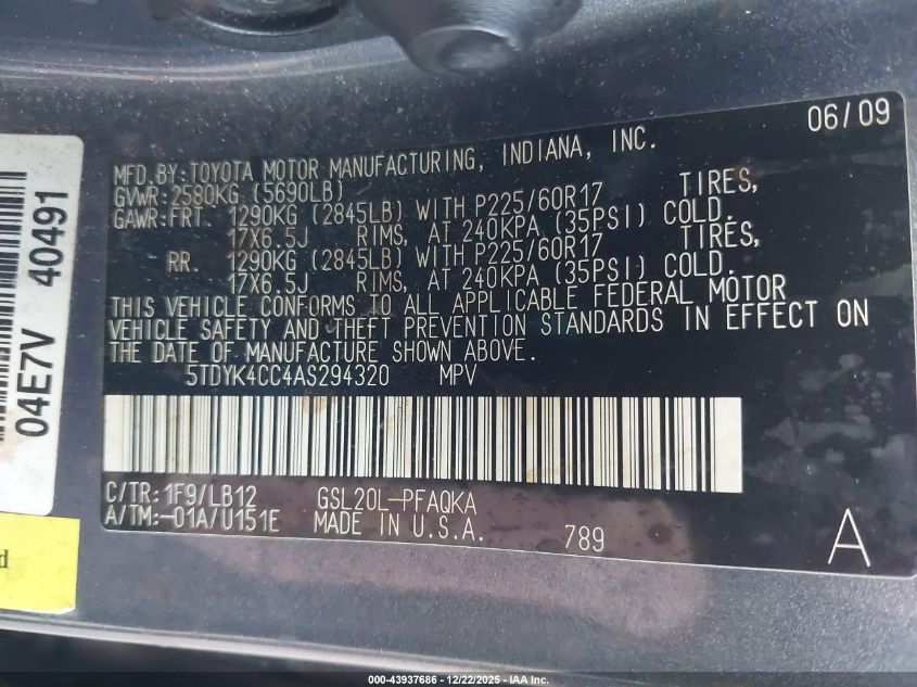 2010 Toyota Sienna Xle VIN: 5TDYK4CC4AS294320 Lot: 43937686