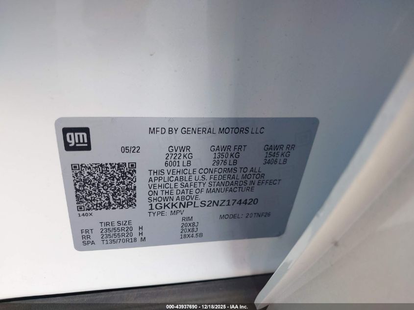 2022 GMC Acadia Fwd Denali VIN: 1GKKNPLS2NZ174420 Lot: 43937690