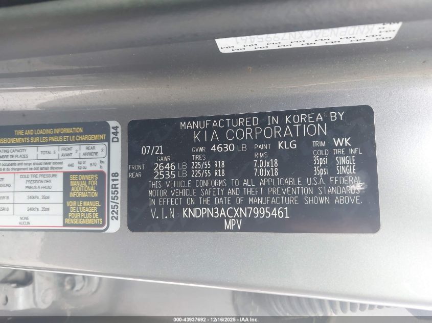 2022 Kia Sportage Ex VIN: KNDPN3ACXN7995461 Lot: 43937692