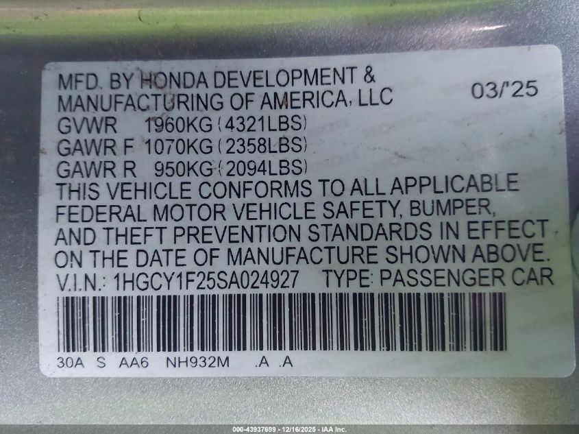 2025 Honda Accord Lx VIN: 1HGCY1F25SA024927 Lot: 43937699