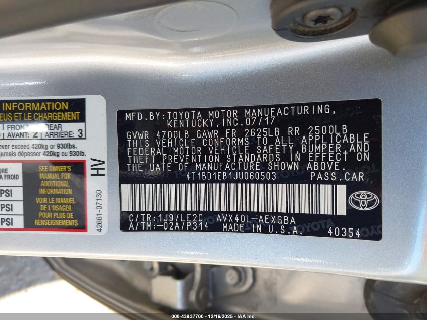 2018 Toyota Avalon Hybrid Xle Premium VIN: 4T1BD1EB1JU060503 Lot: 43937700