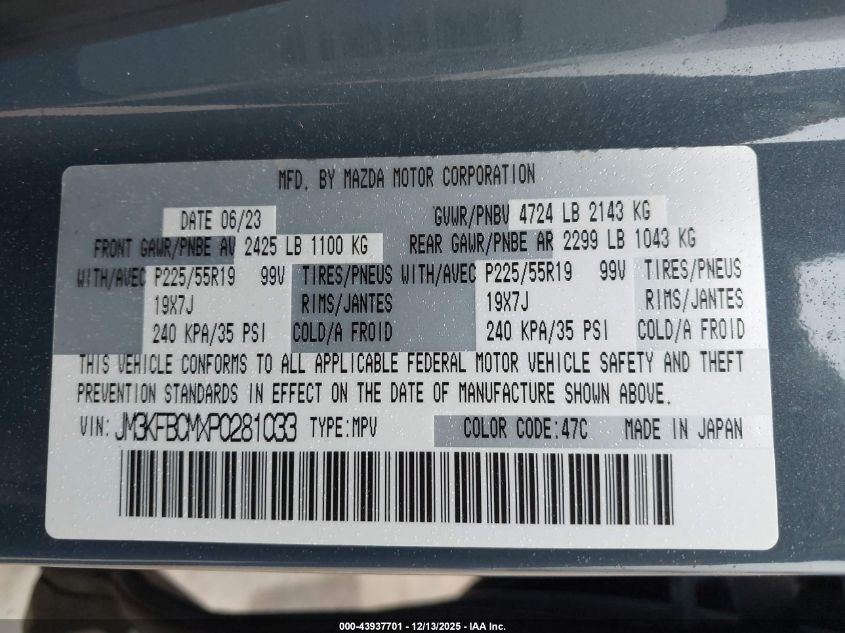 2023 Mazda Cx-5 2.5 S Carbon Edition VIN: JM3KFBCMXP0281033 Lot: 43937701