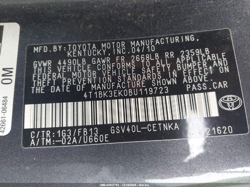 2011 Toyota Camry Le V6 VIN: 4T1BK3EK0BU119723 Lot: 43937703