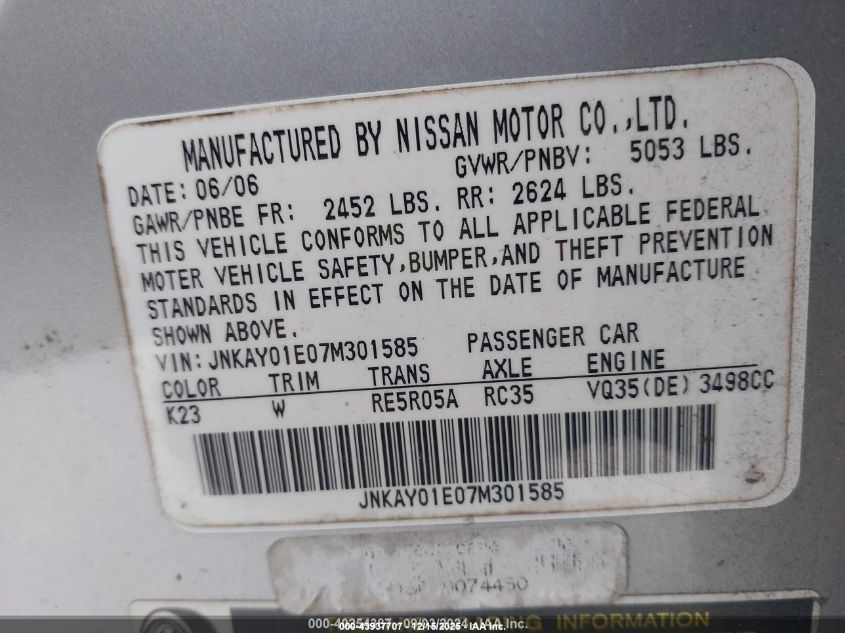 2007 Infiniti M35 Sport VIN: JNKAY01E07M301585 Lot: 43937707