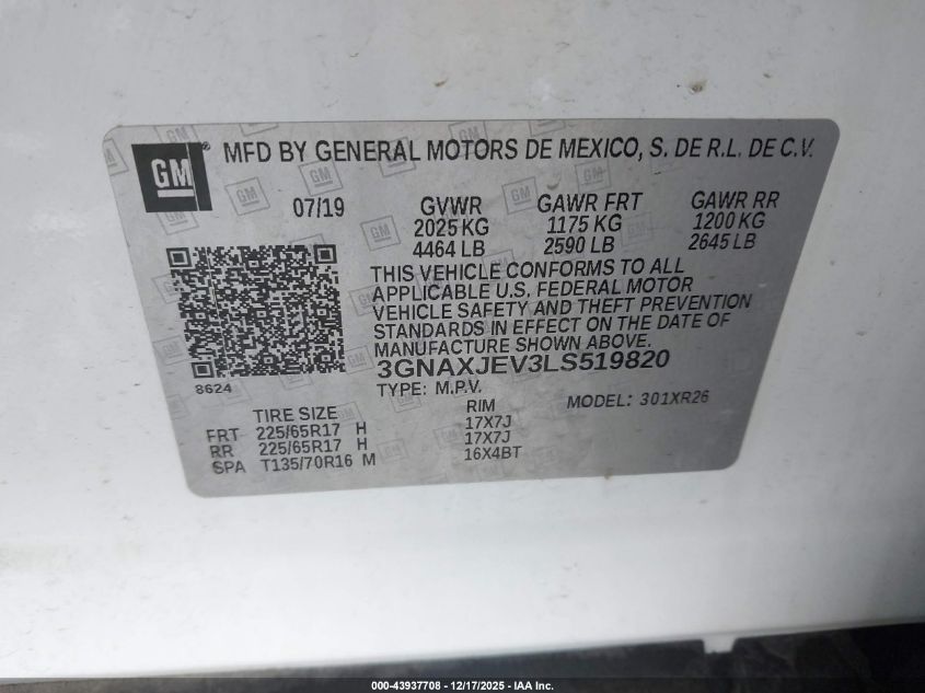 2020 Chevrolet Equinox Fwd 2Fl VIN: 3GNAXJEV3LS519820 Lot: 43937708