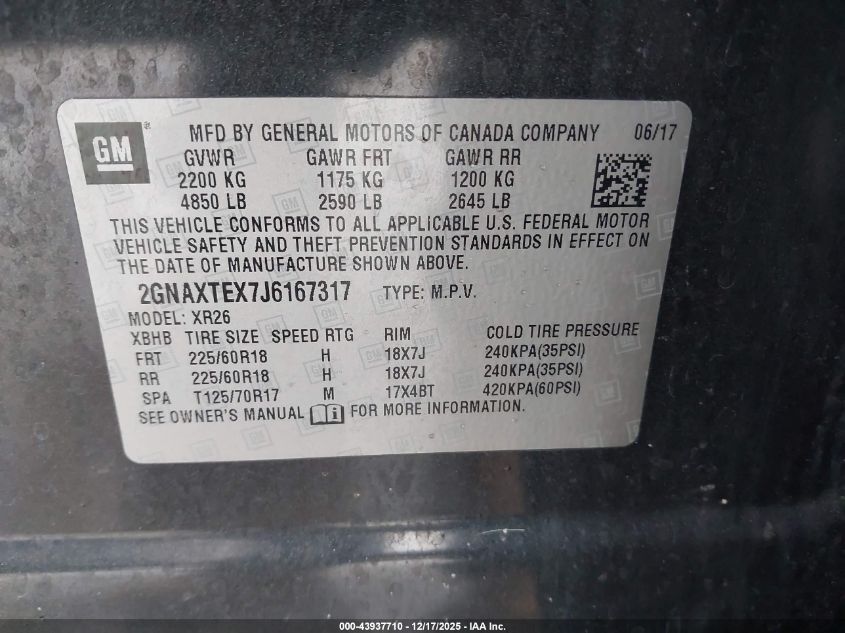 2018 Chevrolet Equinox Lt VIN: 2GNAXTEX7J6167317 Lot: 43937710