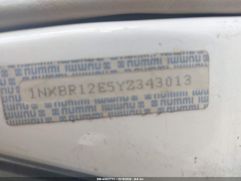 2000 Toyota Corolla Ce VIN: 1NXBR12E5YZ343013 Lot: 43937711