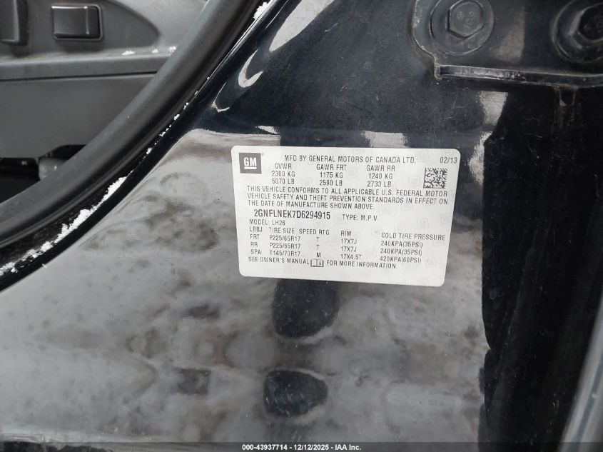 2013 Chevrolet Equinox 2Lt VIN: 2GNFLNEK7D6294915 Lot: 43937714