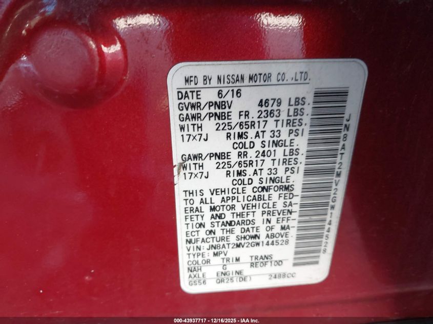 2016 Nissan Rogue S VIN: JN8AT2MV2GW144528 Lot: 43937717