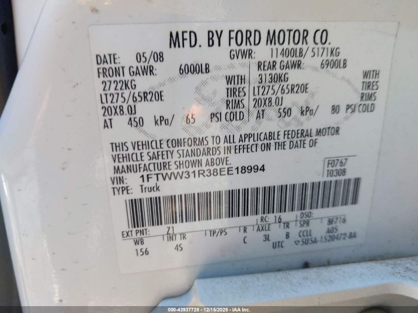 2008 Ford F-350 Fx4/Harley-Davidson/King Ranch/Lariat/Xl/Xlt VIN: 1FTWW31R38EE18994 Lot: 43937728